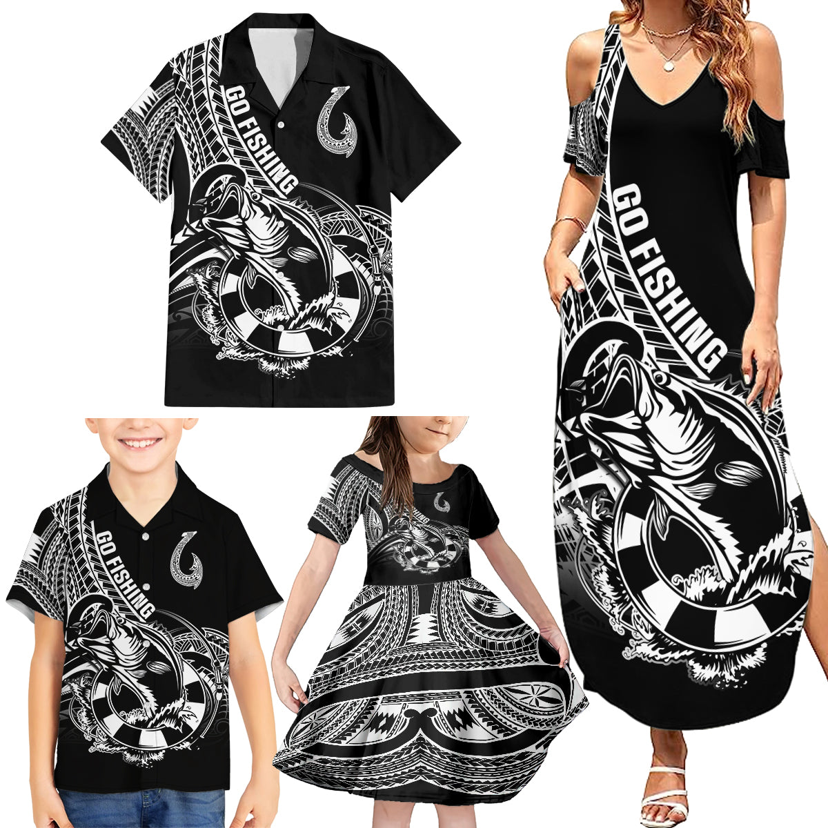 Personalised Polynesia Family Matching Summer Maxi Dress and Hawaiian Shirt Fish Hook Tattoo Go Fishing Polynesian Pattern Black LT14 - Polynesian Pride