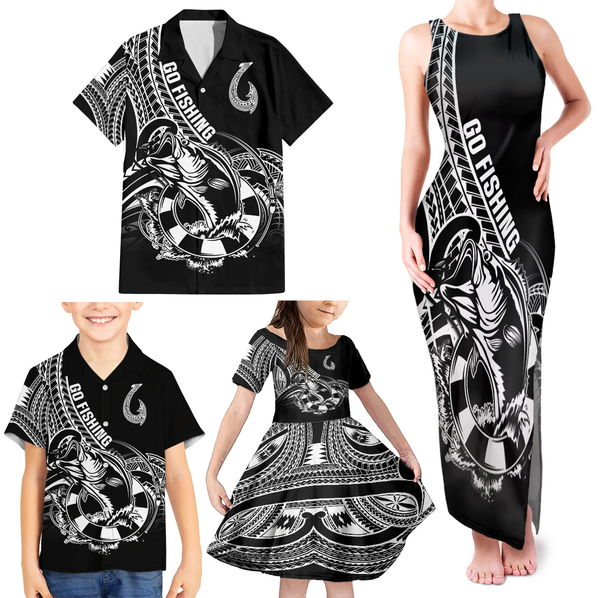 Personalised Polynesia Family Matching Tank Maxi Dress and Hawaiian Shirt Fish Hook Tattoo Go Fishing Polynesian Pattern Black LT14 - Polynesian Pride