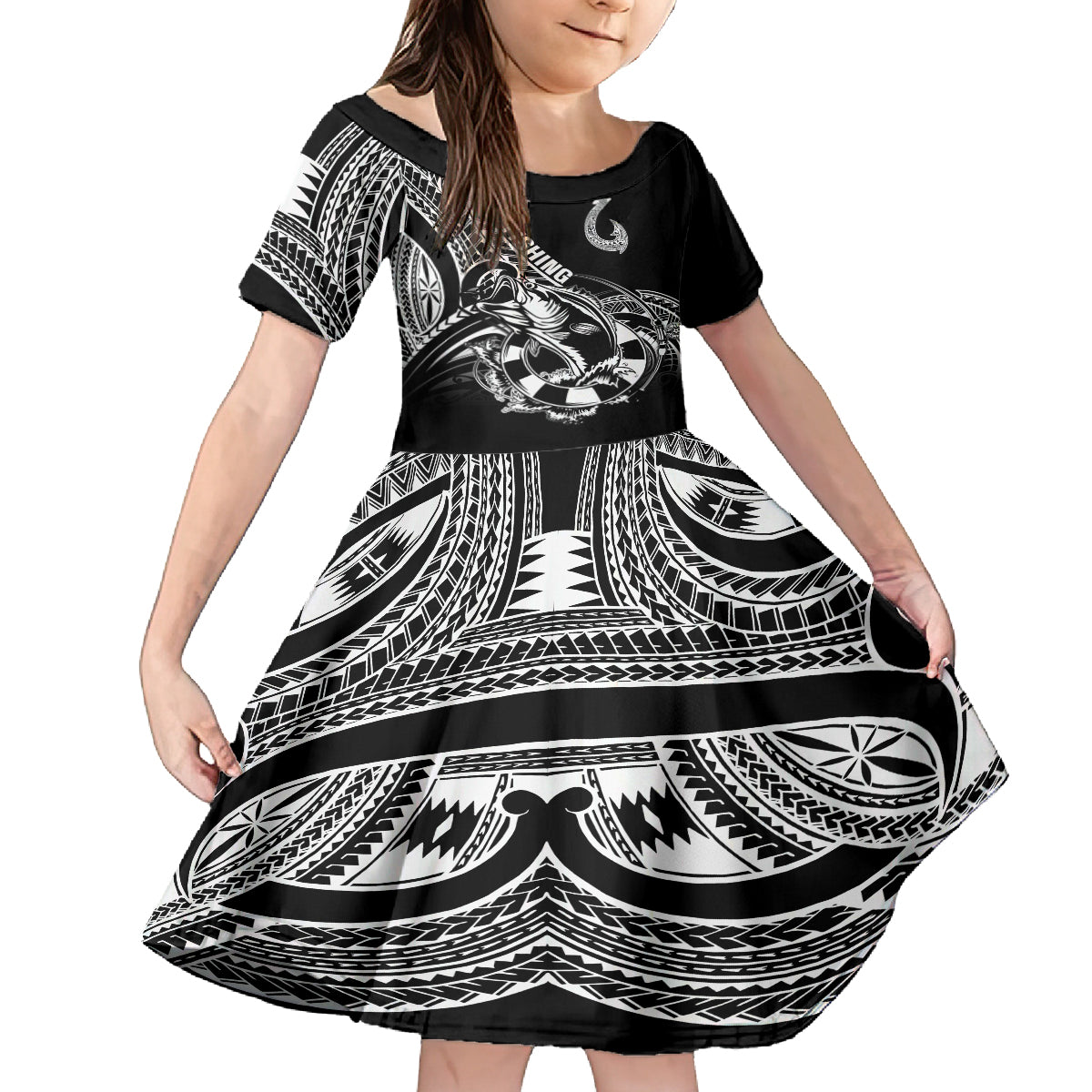 Personalised Polynesia Kid Short Sleeve Dress Fish Hook Tattoo Go Fishing Polynesian Pattern Black LT14 KID Black - Polynesian Pride