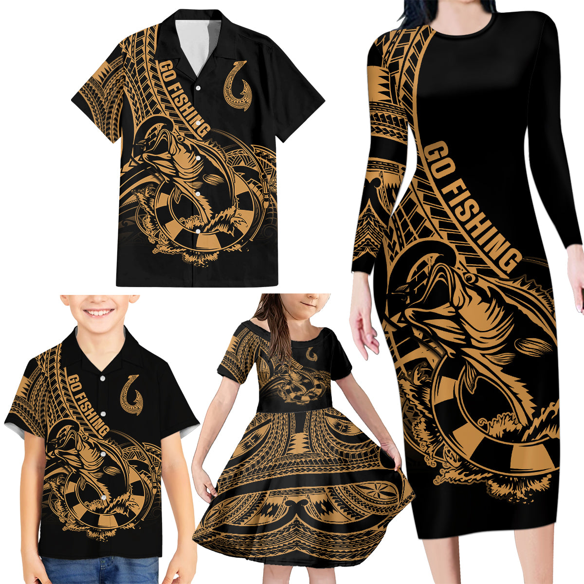 polynesia-family-matching-long-sleeve-bodycon-dress-and-hawaiian-shirt-fish-hook-tattoo-go-fishing-polynesian-pattern-gold