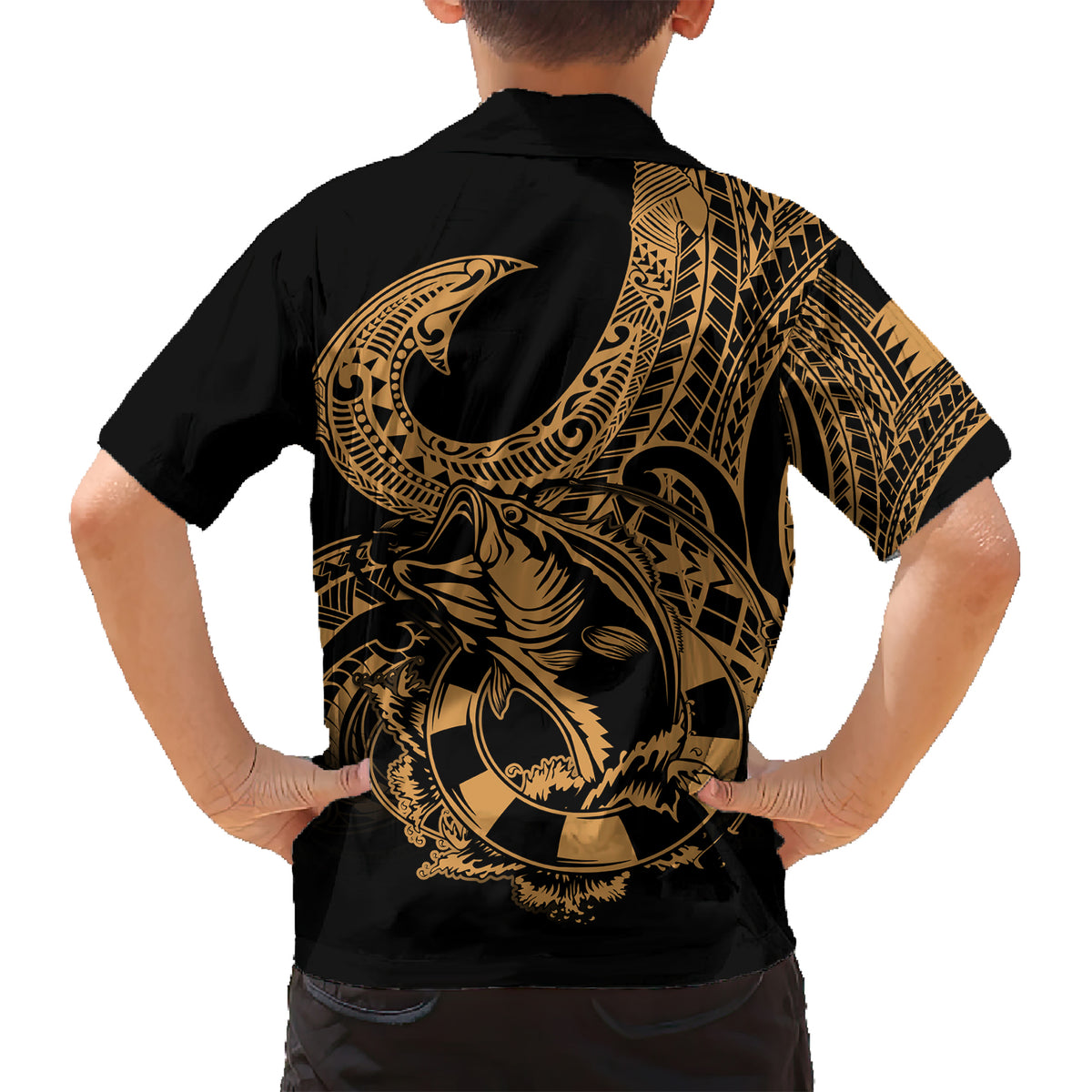 Polynesia Kid Hawaiian Shirt Fish Hook Tattoo Go Fishing Polynesian Pattern Gold LT14 - Polynesian Pride