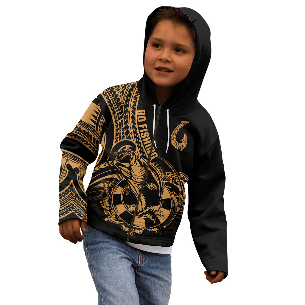 Polynesia Kid Hoodie Fish Hook Tattoo Go Fishing Polynesian Pattern Gold LT14 - Polynesian Pride