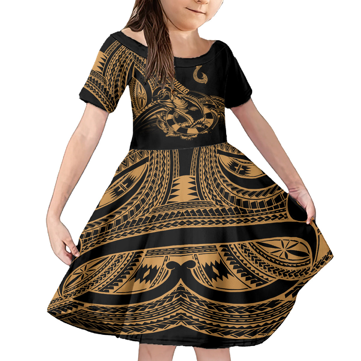 Polynesia Kid Short Sleeve Dress Fish Hook Tattoo Go Fishing Polynesian Pattern Gold LT14 KID Gold - Polynesian Pride