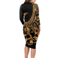 Polynesia Long Sleeve Bodycon Dress Fish Hook Tattoo Go Fishing Polynesian Pattern Gold LT14 - Polynesian Pride