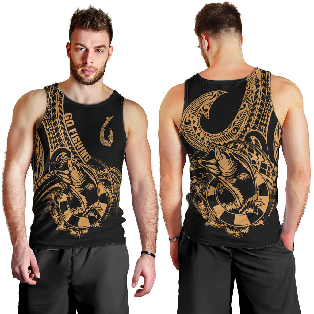 Polynesia Men Tank Top Fish Hook Tattoo Go Fishing Polynesian Pattern Gold LT14 - Polynesian Pride