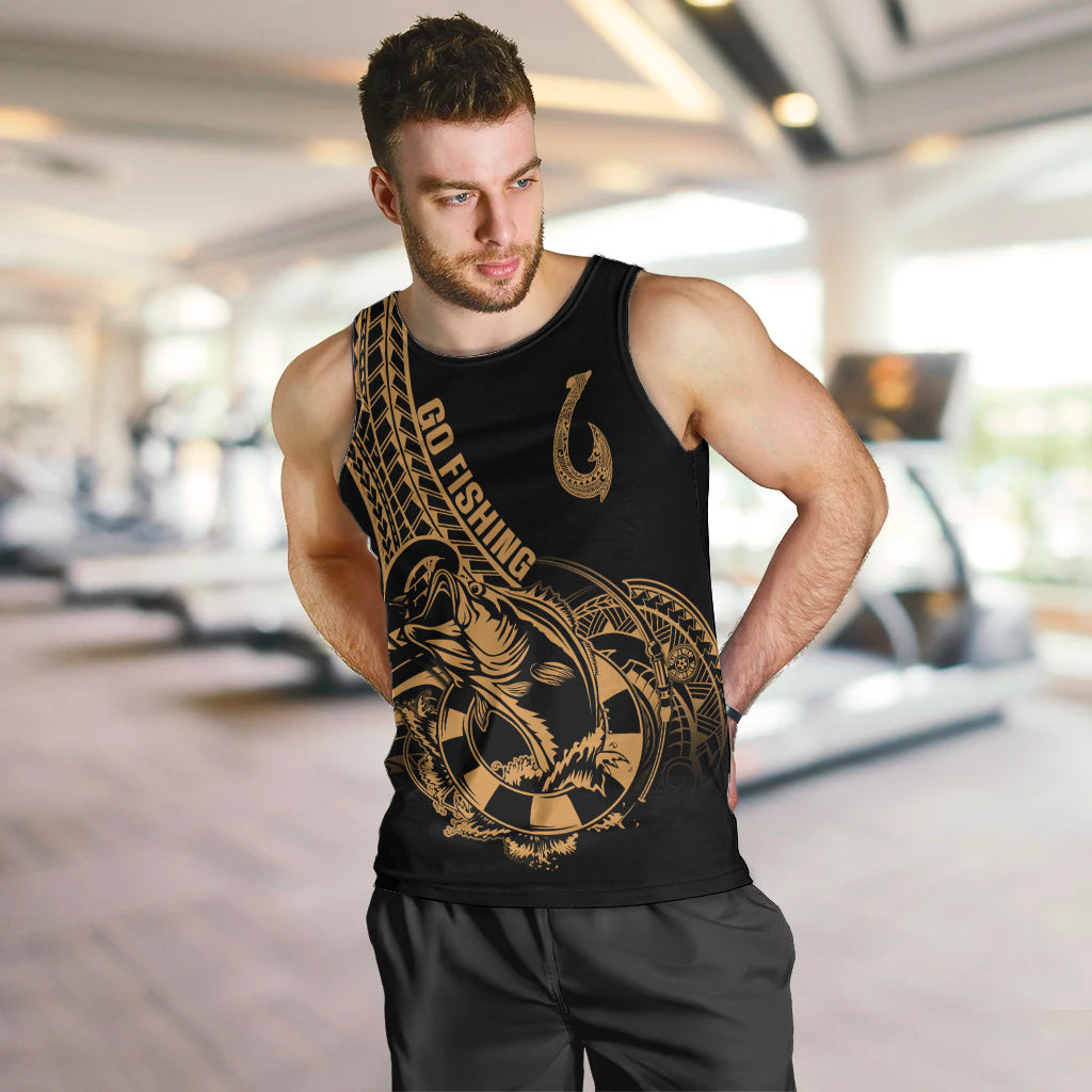 Polynesia Men Tank Top Fish Hook Tattoo Go Fishing Polynesian Pattern Gold LT14 - Polynesian Pride