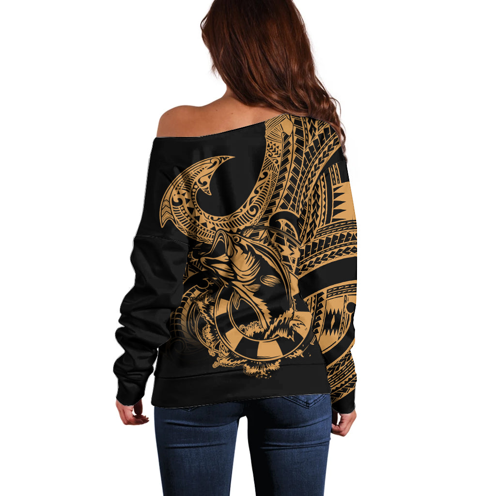 Polynesia Off Shoulder Sweater Fish Hook Tattoo Go Fishing Polynesian Pattern Gold LT14 - Polynesian Pride