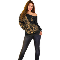 Polynesia Off Shoulder Sweater Fish Hook Tattoo Go Fishing Polynesian Pattern Gold LT14 - Polynesian Pride