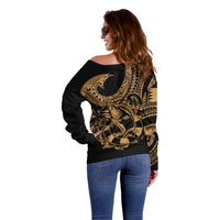 Polynesia Off Shoulder Sweater Fish Hook Tattoo Go Fishing Polynesian Pattern Gold LT14 - Polynesian Pride
