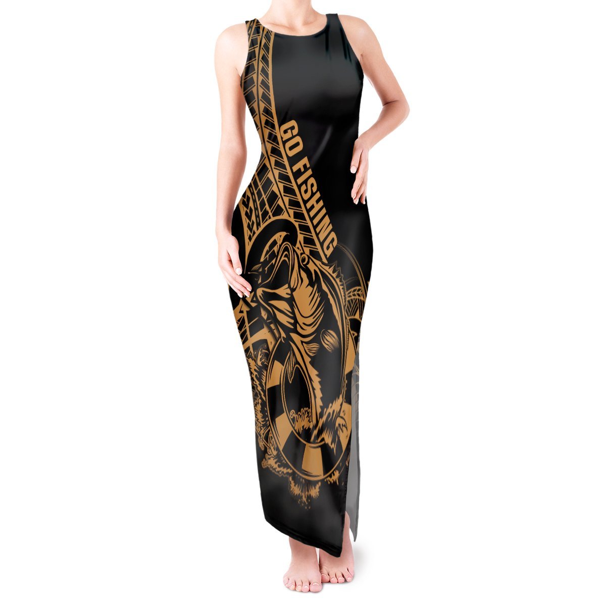 Polynesia Tank Maxi Dress Fish Hook Tattoo Go Fishing Polynesian Pattern Gold LT14 Women Gold - Polynesian Pride