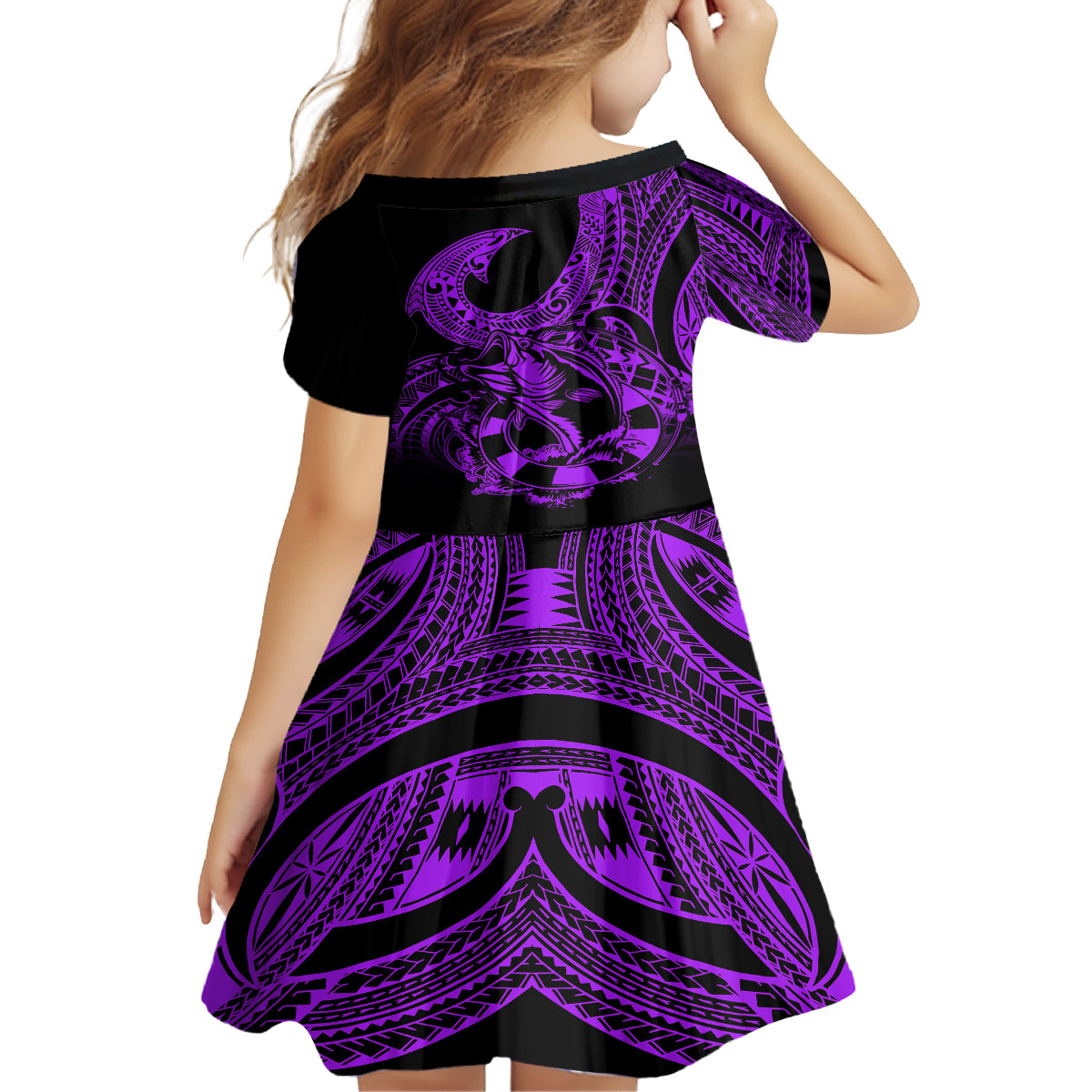 Polynesia Kid Short Sleeve Dress Fish Hook Tattoo Go Fishing Polynesian Pattern Purple LT14 - Polynesian Pride