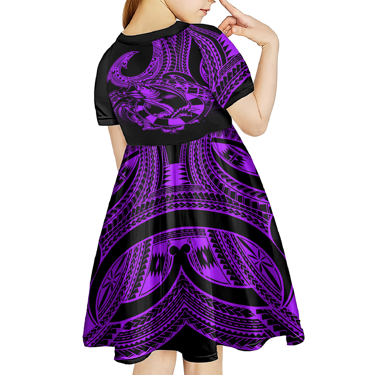 Polynesia Kid Short Sleeve Dress Fish Hook Tattoo Go Fishing Polynesian Pattern Purple LT14 - Polynesian Pride