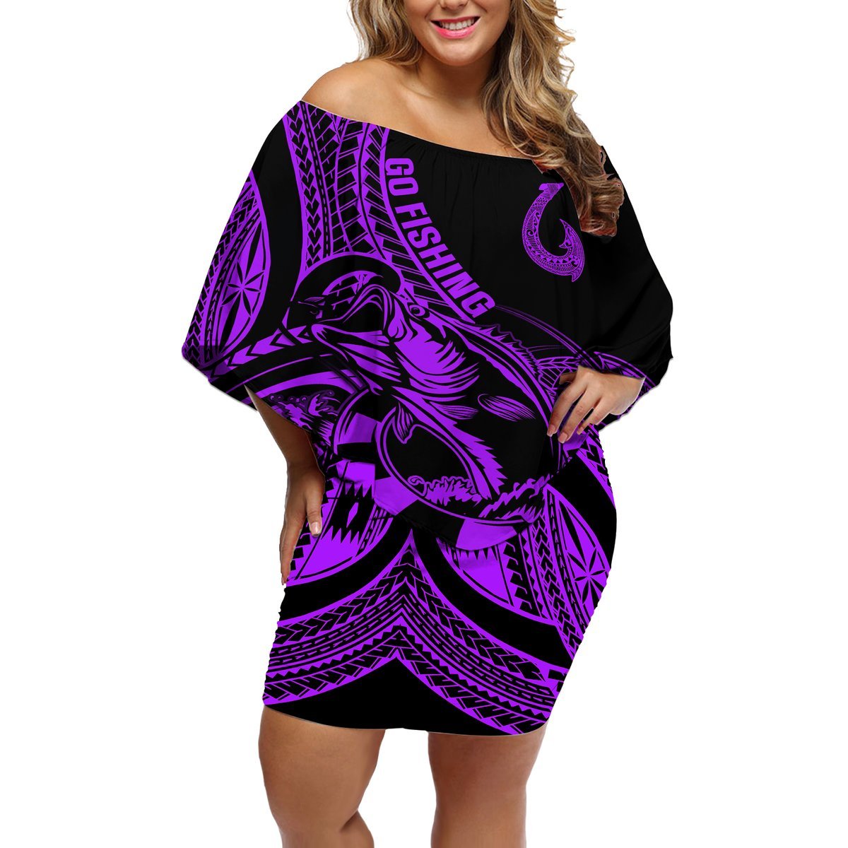 Polynesia Off Shoulder Short Dress Fish Hook Tattoo Go Fishing Polynesian Pattern Purple LT14 Women Purple - Polynesian Pride