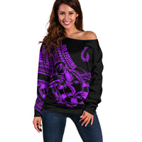 Polynesia Off Shoulder Sweater Fish Hook Tattoo Go Fishing Polynesian Pattern Purple LT14 Women Purple - Polynesian Pride
