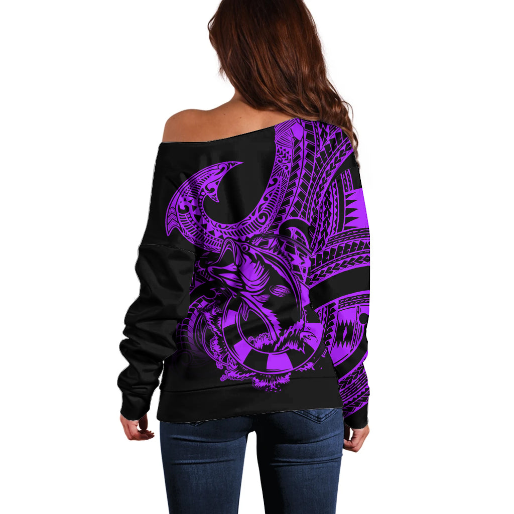 Polynesia Off Shoulder Sweater Fish Hook Tattoo Go Fishing Polynesian Pattern Purple LT14 - Polynesian Pride