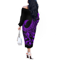 Polynesia Off The Shoulder Long Sleeve Dress Fish Hook Tattoo Go Fishing Polynesian Pattern Purple LT14 - Polynesian Pride