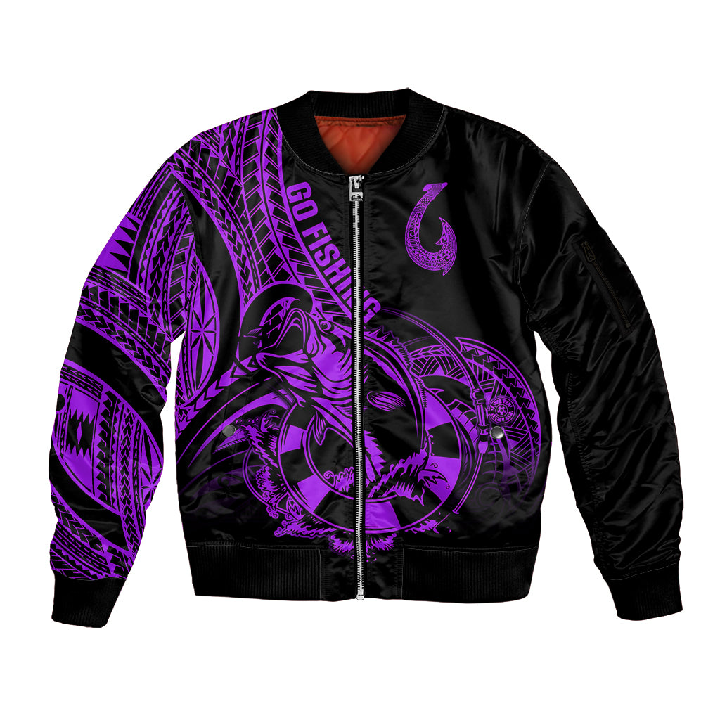 Polynesia Sleeve Zip Bomber Jacket Fish Hook Tattoo Go Fishing Polynesian Pattern Purple LT14 Unisex Purple - Polynesian Pride