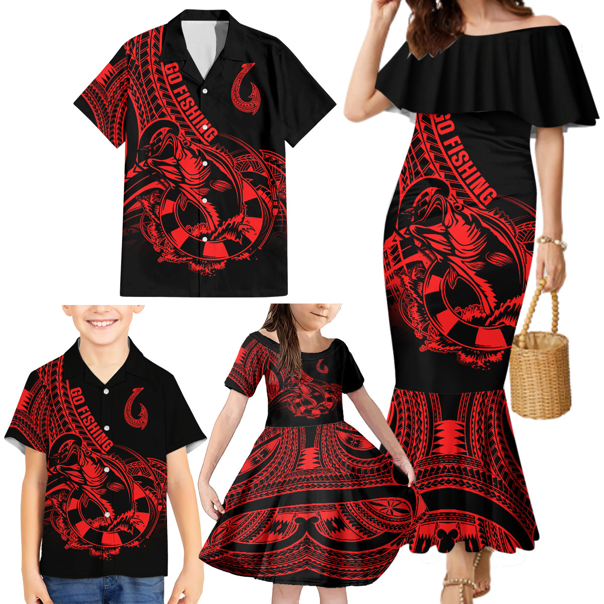 polynesia-family-matching-mermaid-dress-and-hawaiian-shirt-fish-hook-tattoo-go-fishing-polynesian-pattern-red