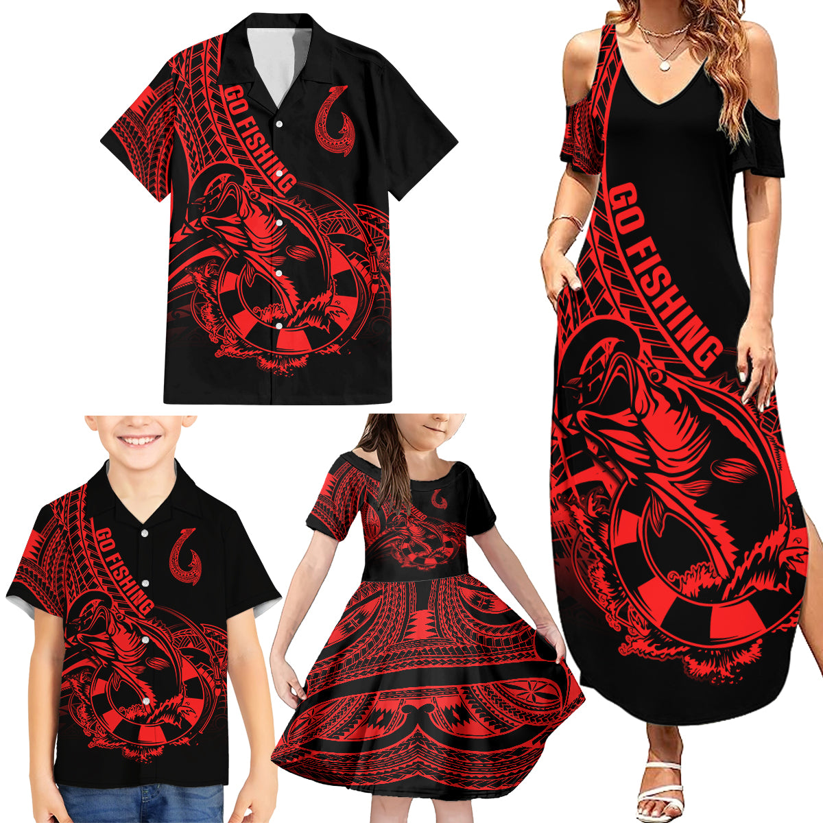 polynesia-family-matching-summer-maxi-dress-and-hawaiian-shirt-fish-hook-tattoo-go-fishing-polynesian-pattern-red