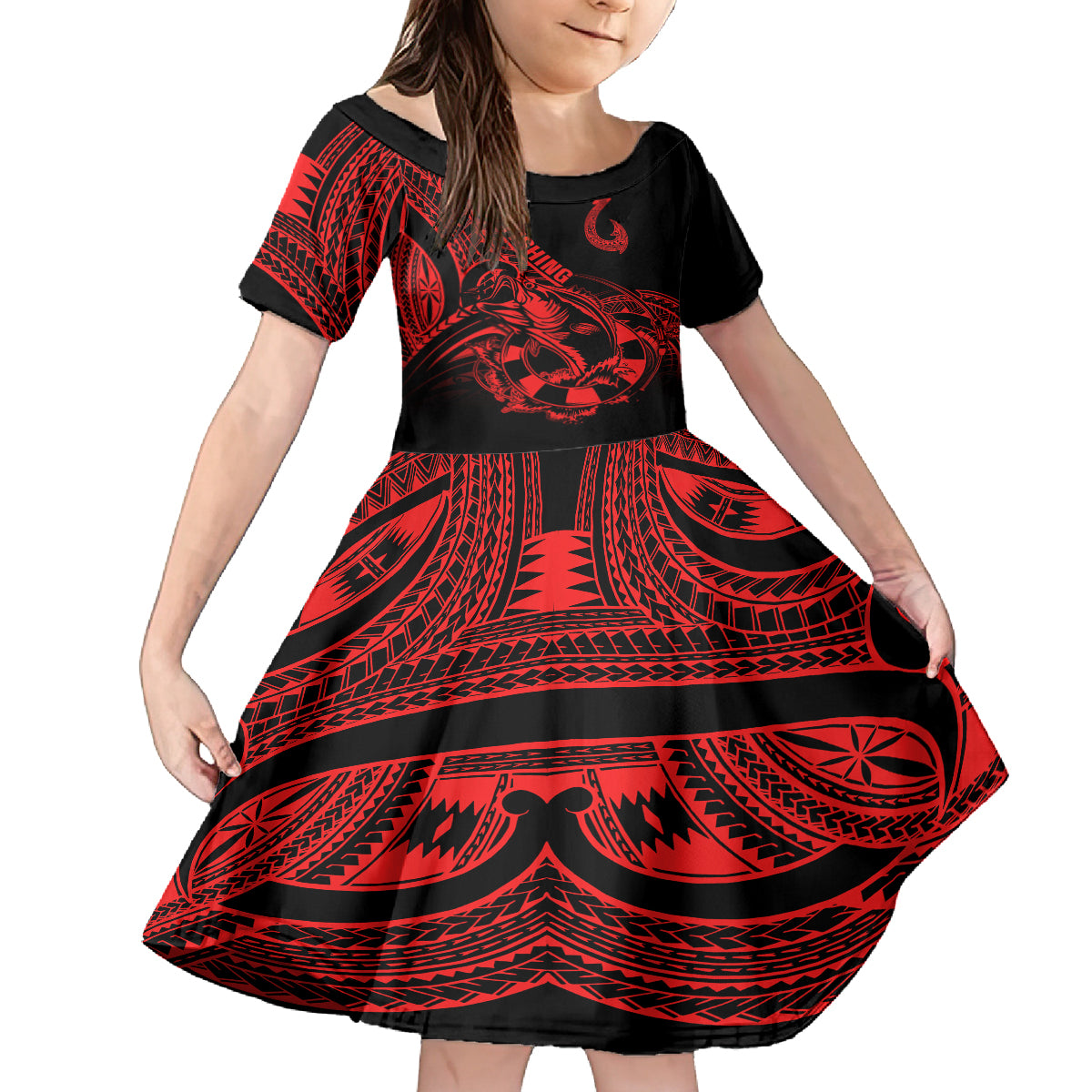 Polynesia Kid Short Sleeve Dress Fish Hook Tattoo Go Fishing Polynesian Pattern Red LT14 KID Red - Polynesian Pride