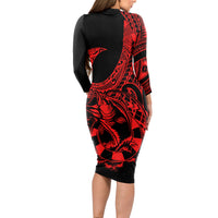Polynesia Long Sleeve Bodycon Dress Fish Hook Tattoo Go Fishing Polynesian Pattern Red LT14 - Polynesian Pride