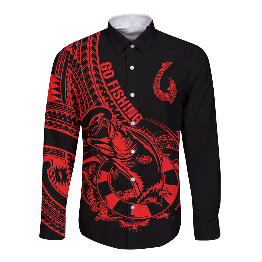 Polynesia Long Sleeve Button Shirt Fish Hook Tattoo Go Fishing Polynesian Pattern Red LT14 Unisex Red - Polynesian Pride