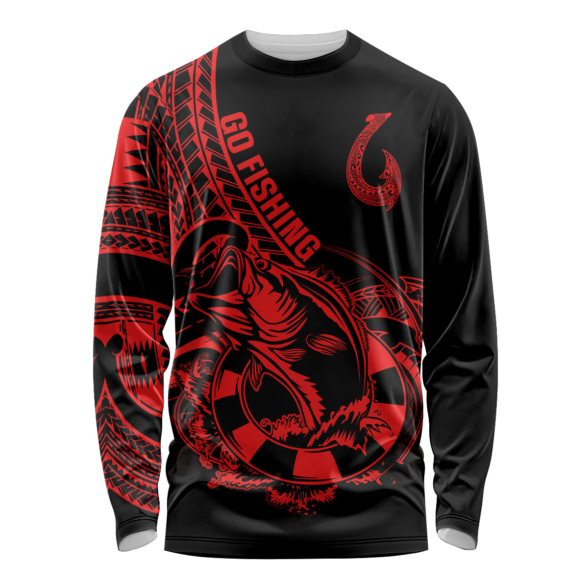 Polynesia Long Sleeve Shirt Fish Hook Tattoo Go Fishing Polynesian Pattern Red LT14 Unisex Red - Polynesian Pride