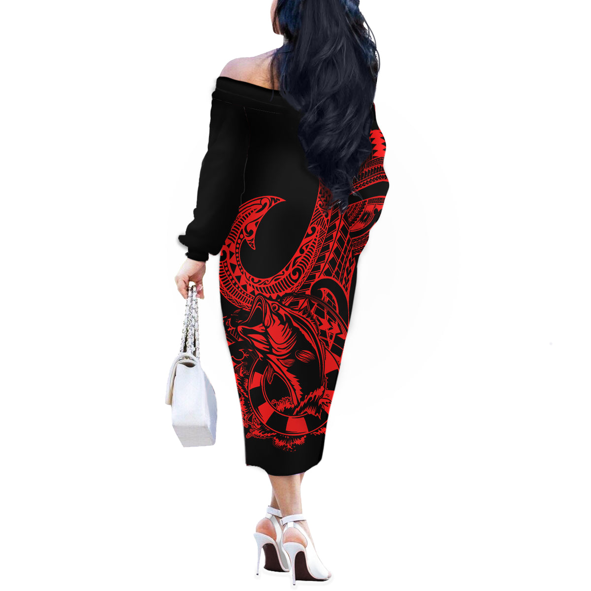 Polynesia Off The Shoulder Long Sleeve Dress Fish Hook Tattoo Go Fishing Polynesian Pattern Red LT14 - Polynesian Pride