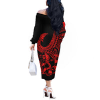 Polynesia Off The Shoulder Long Sleeve Dress Fish Hook Tattoo Go Fishing Polynesian Pattern Red LT14 - Polynesian Pride
