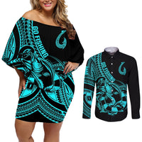 Polynesia Couples Matching Off Shoulder Short Dress and Long Sleeve Button Shirts Fish Hook Tattoo Go Fishing Polynesian Pattern Turquosie LT14 Turquoise - Polynesian Pride