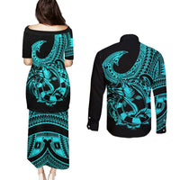 Polynesia Couples Matching Puletasi Dress and Long Sleeve Button Shirts Fish Hook Tattoo Go Fishing Polynesian Pattern Turquosie LT14 - Polynesian Pride