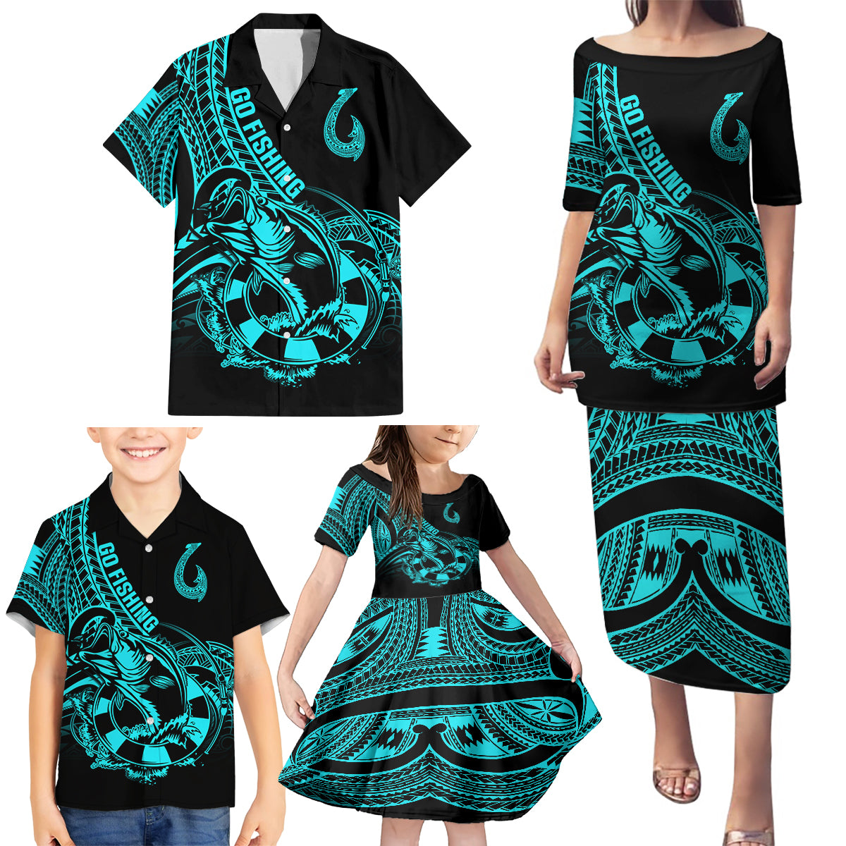 Polynesia Family Matching Puletasi Dress and Hawaiian Shirt Fish Hook Tattoo Go Fishing Polynesian Pattern Turquosie LT14 - Polynesian Pride