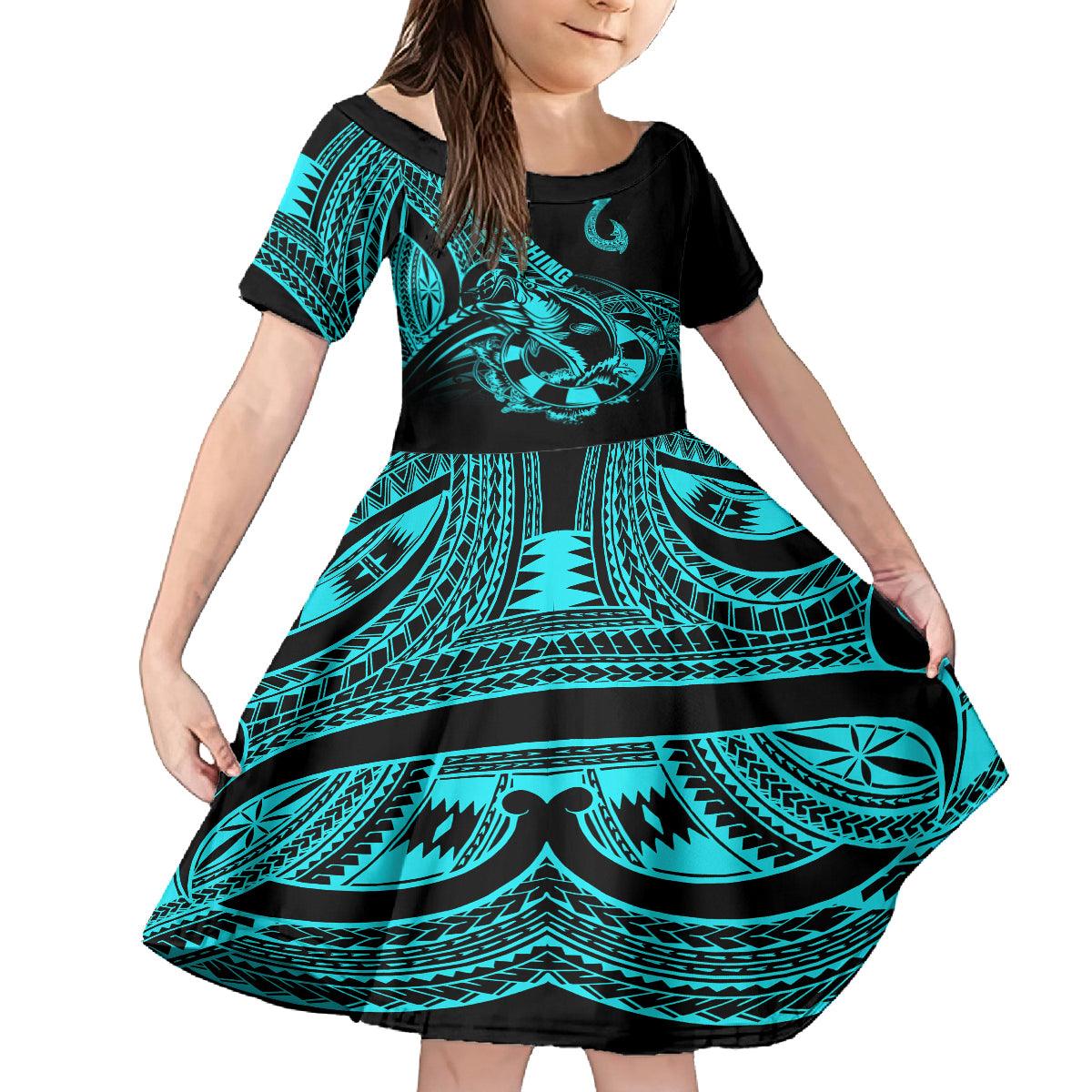Polynesia Kid Short Sleeve Dress Fish Hook Tattoo Go Fishing Polynesian Pattern Turquosie LT14 KID Turquoise - Polynesian Pride