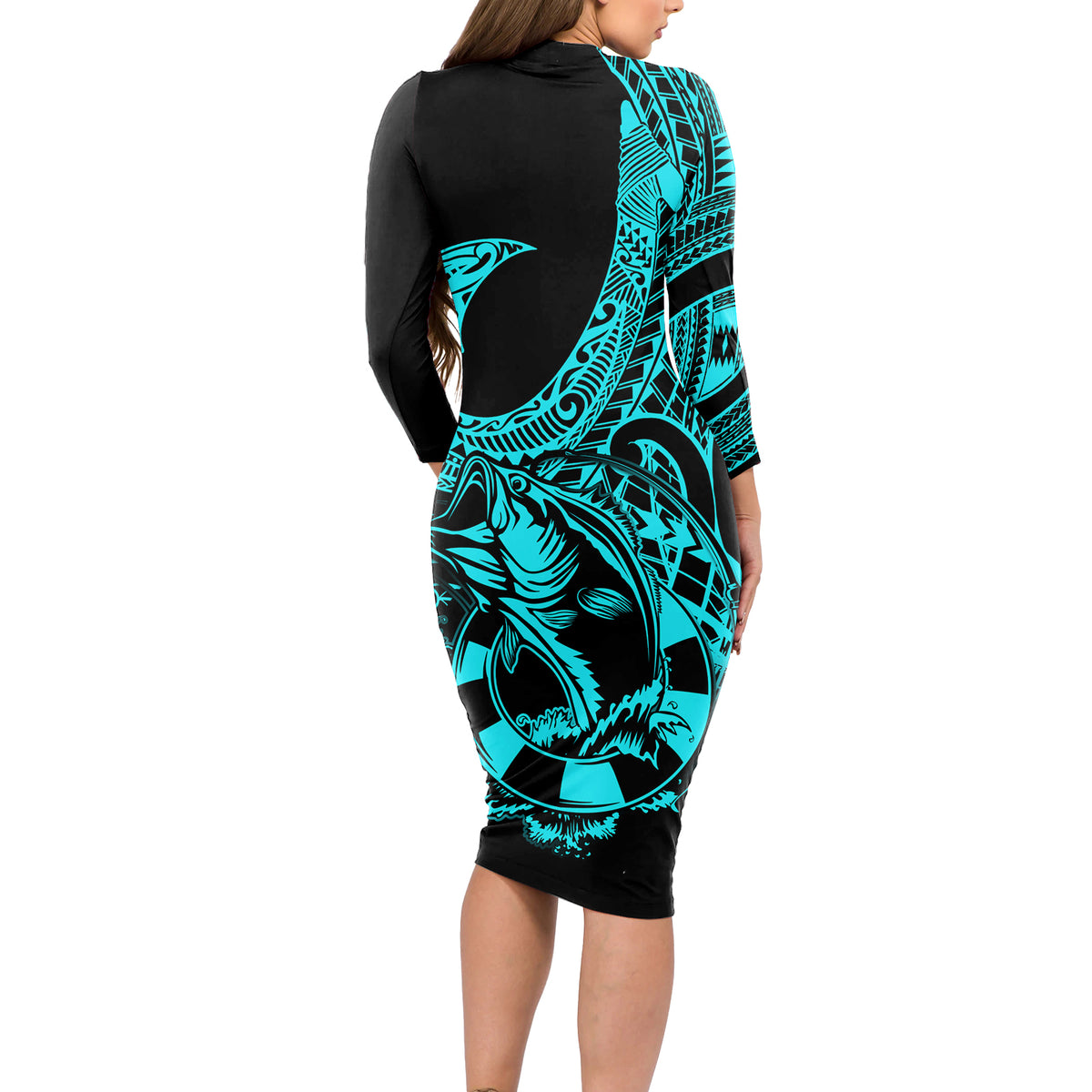 Polynesia Long Sleeve Bodycon Dress Fish Hook Tattoo Go Fishing Polynesian Pattern Turquosie LT14 - Polynesian Pride