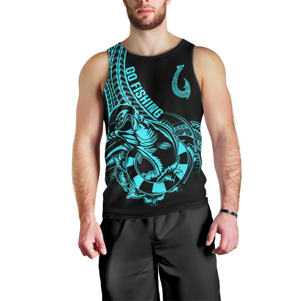 Polynesia Men Tank Top Fish Hook Tattoo Go Fishing Polynesian Pattern Turquosie LT14 - Polynesian Pride