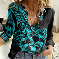 Polynesia Women Casual Shirt Fish Hook Tattoo Go Fishing Polynesian Pattern Turquosie LT14 Female Turquoise - Polynesian Pride