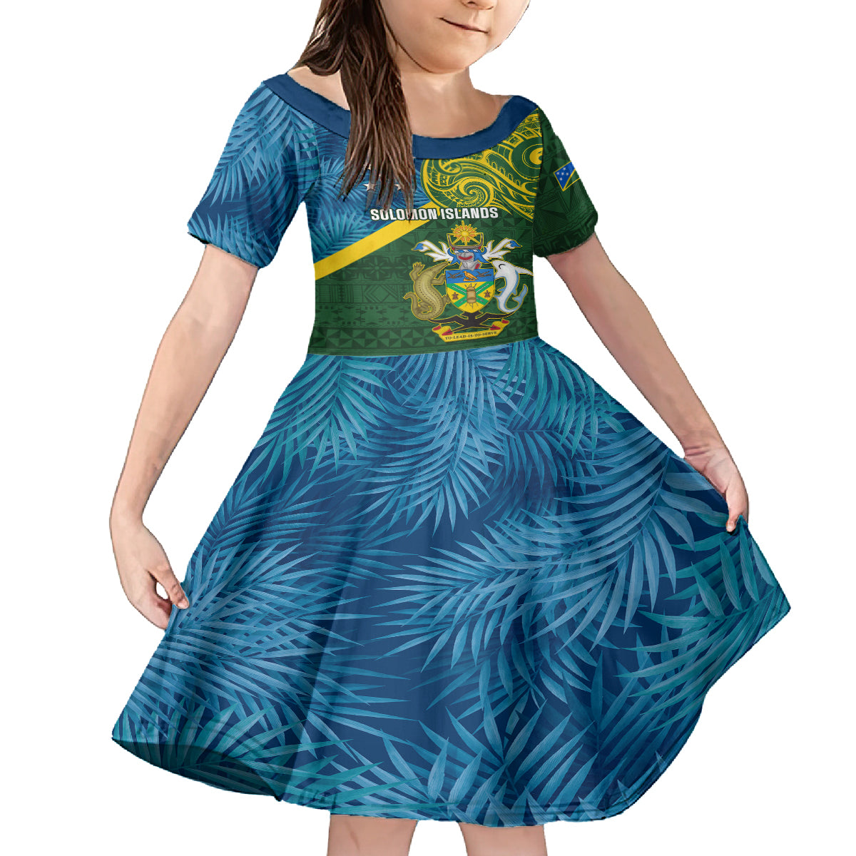 Solomon Islands Kid Short Sleeve Dress Tropical Leaves With Melanesian Pattern LT14 KID Green - Polynesian Pride