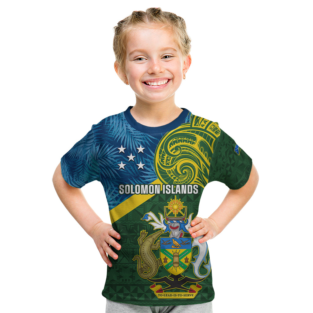 Solomon Islands Kid T Shirt Tropical Leaves With Melanesian Pattern LT14 Green - Polynesian Pride