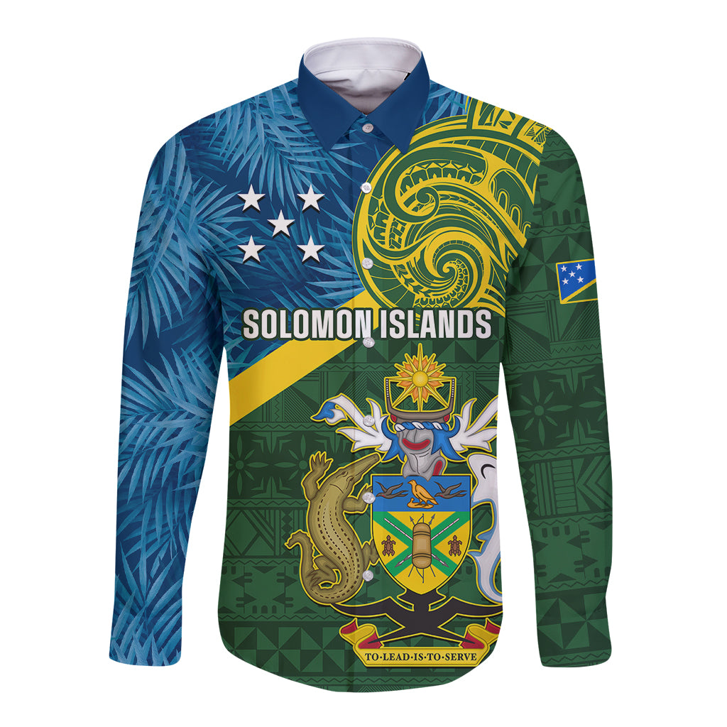 Solomon Islands Long Sleeve Button Shirt Tropical Leaves With Melanesian Pattern LT14 Unisex Green - Polynesian Pride