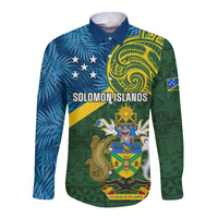 Solomon Islands Long Sleeve Button Shirt Tropical Leaves With Melanesian Pattern LT14 Unisex Green - Polynesian Pride