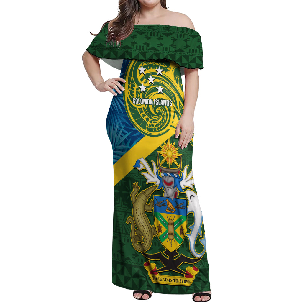 Solomon Islands Off Shoulder Maxi Dress Tropical Leaves With Melanesian Pattern LT14 Women Green - Polynesian Pride