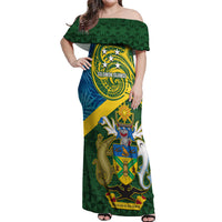 Solomon Islands Off Shoulder Maxi Dress Tropical Leaves With Melanesian Pattern LT14 Women Green - Polynesian Pride