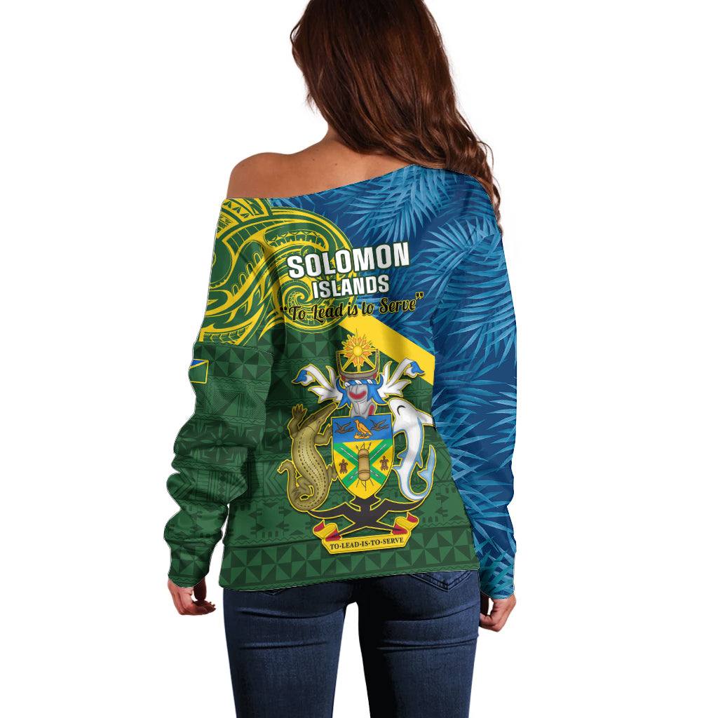 Solomon Islands Off Shoulder Sweater Tropical Leaves With Melanesian Pattern LT14 - Polynesian Pride