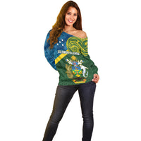 Solomon Islands Off Shoulder Sweater Tropical Leaves With Melanesian Pattern LT14 - Polynesian Pride