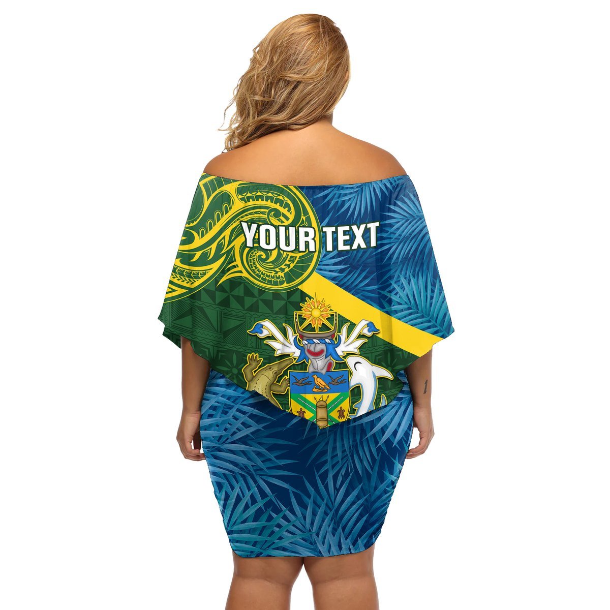 Personalised Solomon Islands Off Shoulder Short Dress Tropical Leaves With Melanesian Pattern LT14 - Polynesian Pride