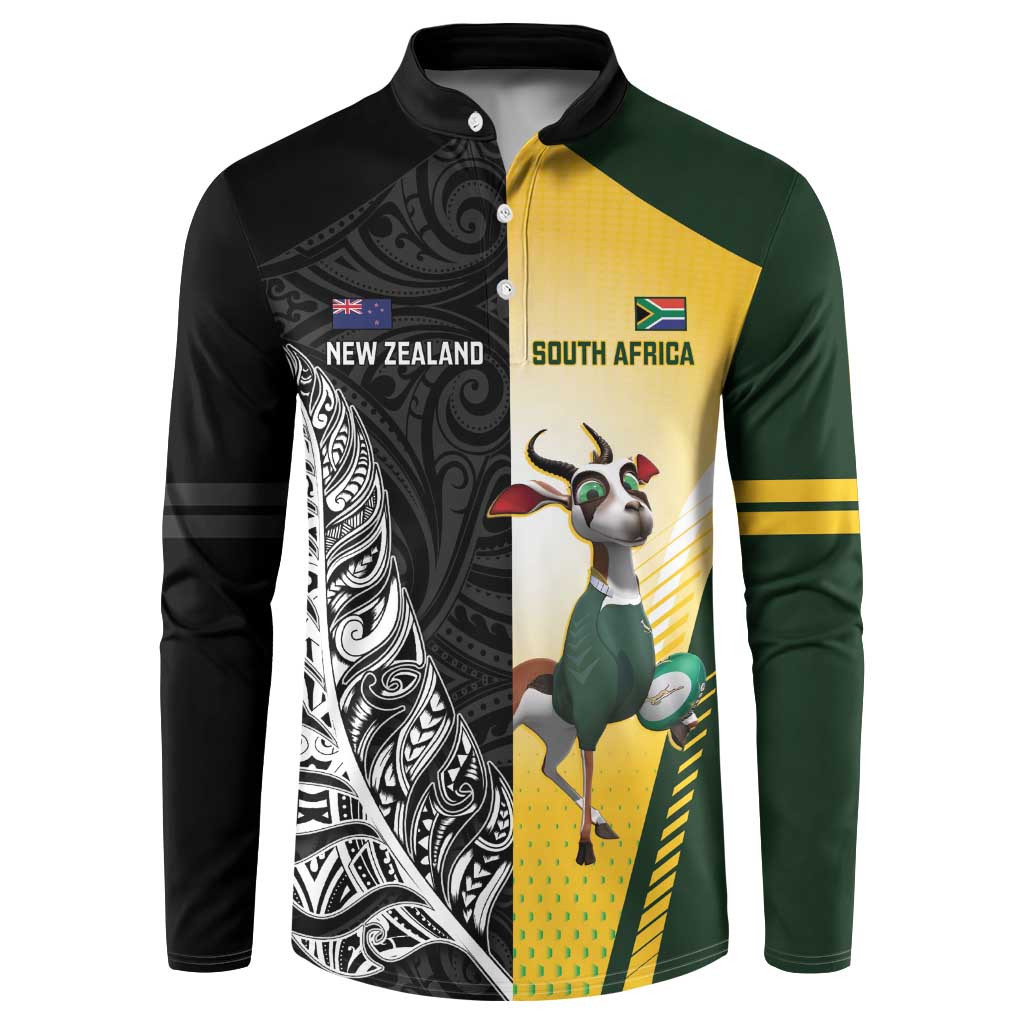 New Zealand and South Africa Rugby Custom Button Sweatshirt Maori Silver Fern Springbok Together LT14 Black - Polynesian Pride