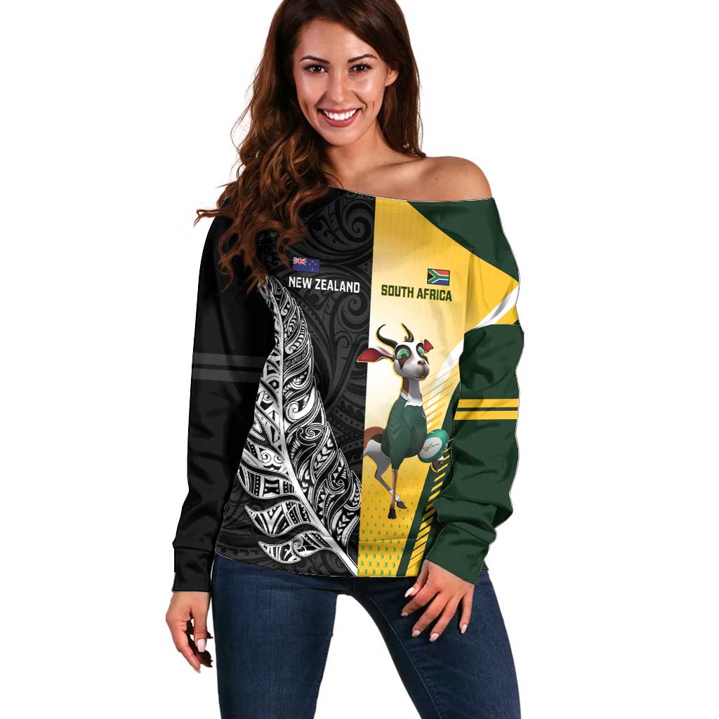 New Zealand and South Africa Rugby Custom Off Shoulder Sweater Maori Silver Fern Springbok Together LT14 Women Black - Polynesian Pride