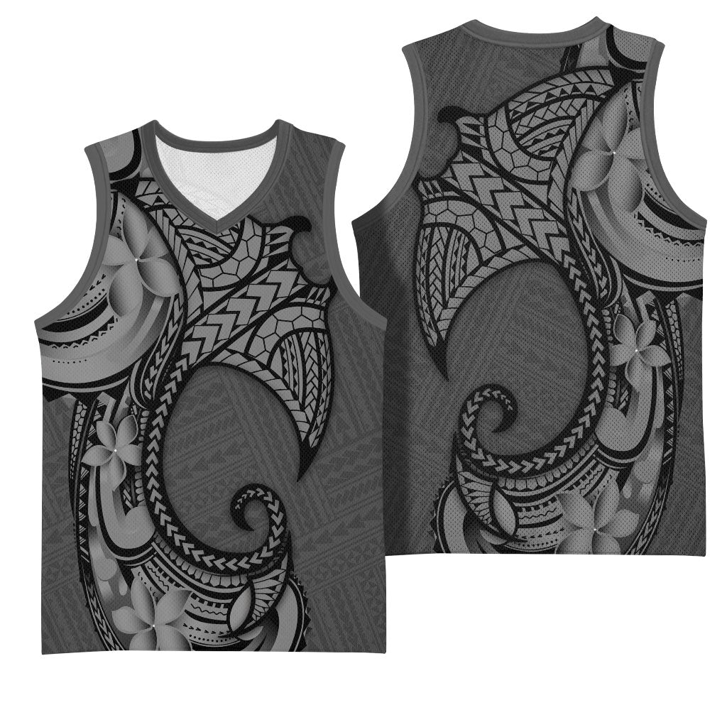 Polynesia Manta Ray Tattoo Basketball Jersey Tropical Plumeria Gray Polynesian Pattern LT14 - Polynesian Pride