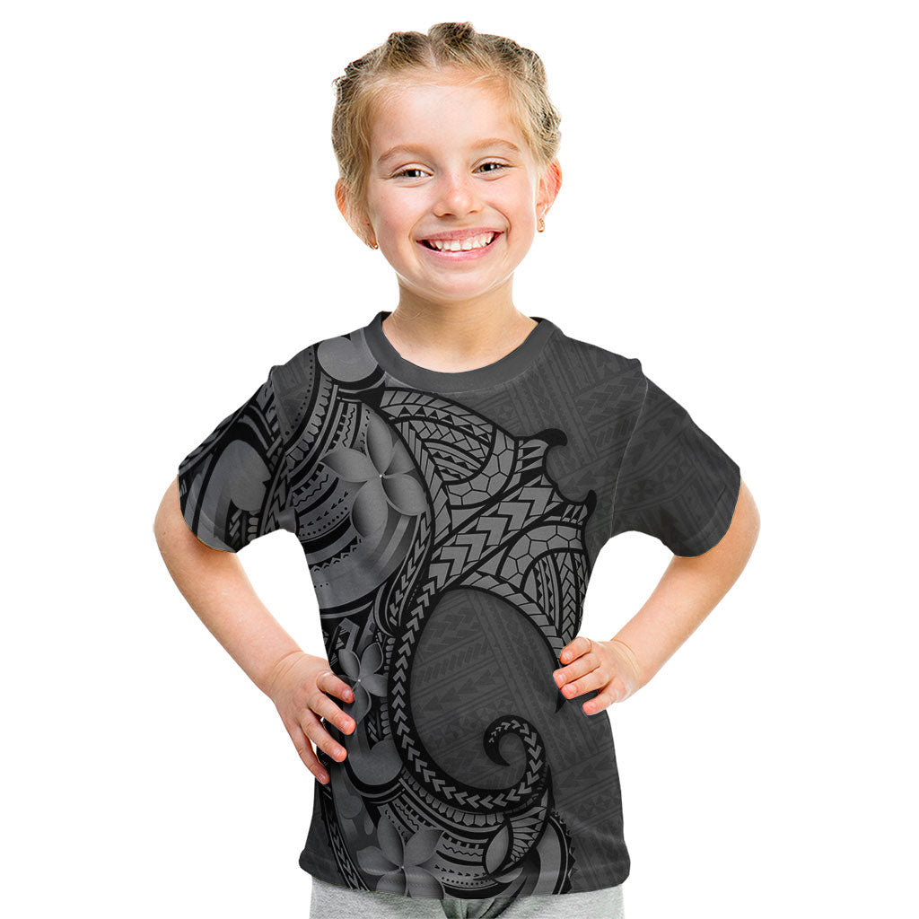 Polynesia Manta Ray Tattoo Kid T Shirt Tropical Plumeria Gray Polynesian Pattern