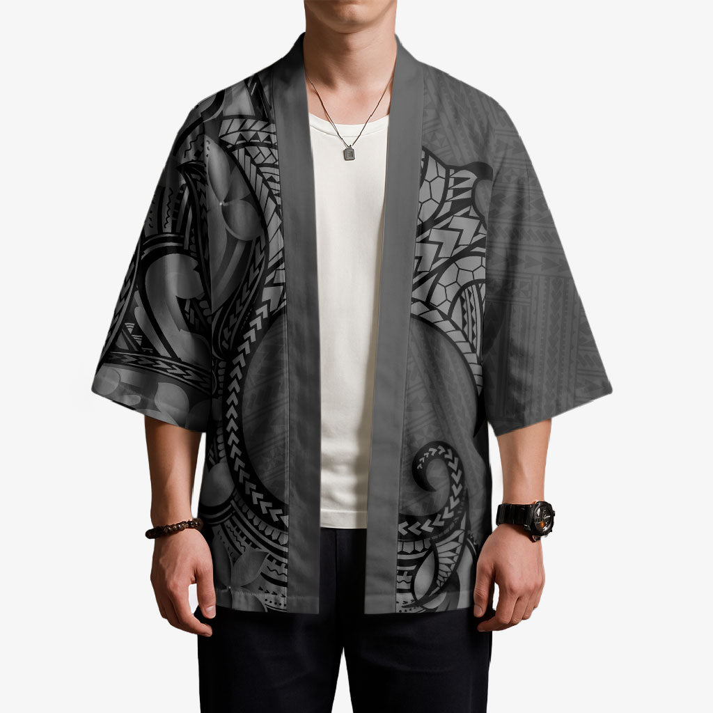 Polynesia Manta Ray Tattoo Kimono Tropical Plumeria Gray Polynesian Pattern LT14 - Polynesian Pride